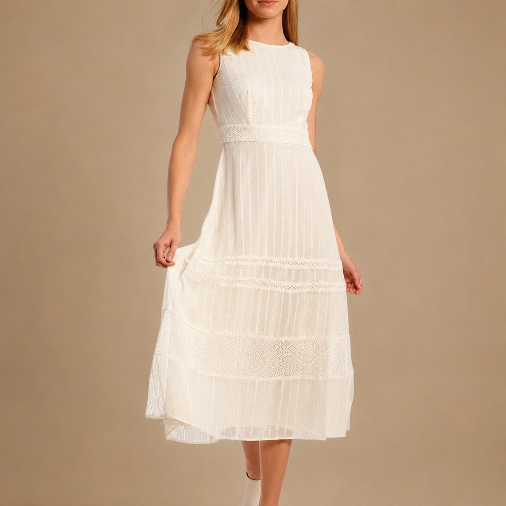 Taylor White Embroidered Prairie Preppy Crochet Lace Midi Dress Round Neck 16